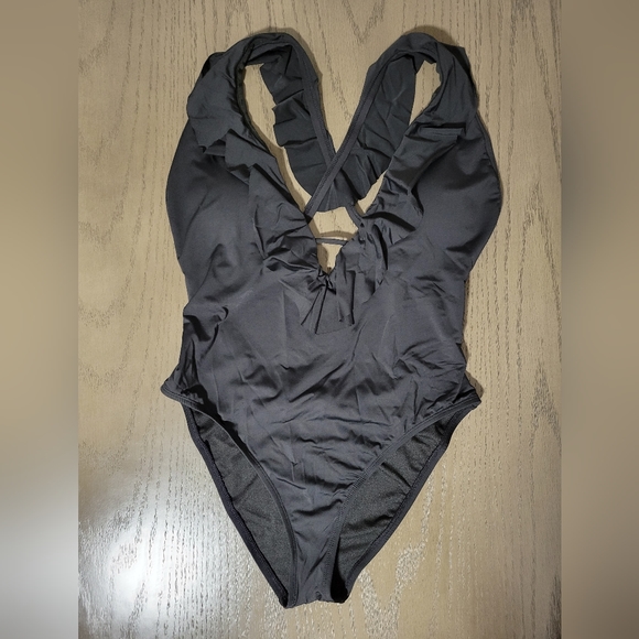 NWT Bar III Deep Plunge Ruffle Neck Cross Back Cheeky One-Piece Swimsuit - Picture 3 of 6